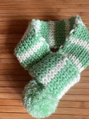 Handmade Mint Green & White Striped Knit Scarf with Pom Pom